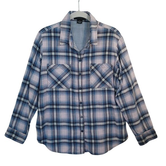 Sanctuary Plaid Shirt Blue Pink Double Cotton Long Sleeve Boyfriend Womens M - Picture 12 of 12